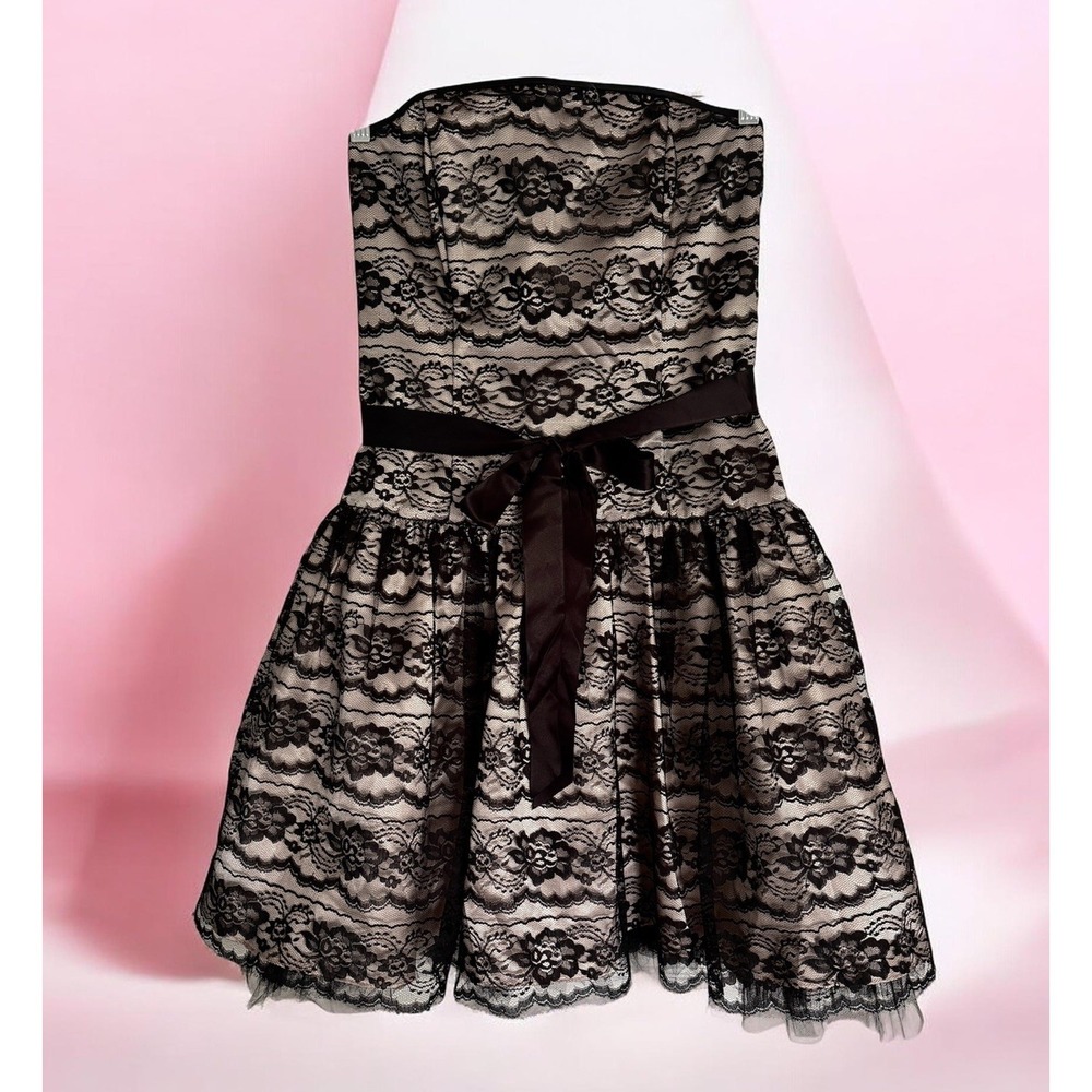 VTG 80s Jessica McClintock Gunne Sax Lace & Tull Gold Black Dress Party 9 / 10